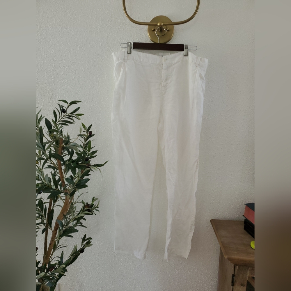 JOHNNY WAS CALME WHITE Straight Leg LINEN Button Up PANTS SZ large XL